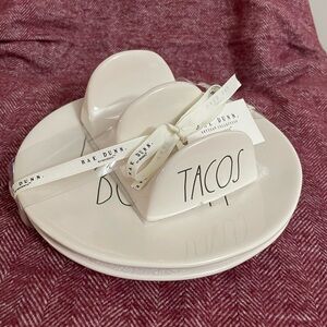 Rae Dunn “Let’s Taco ‘Bout It” set of two white plates with taco holder.